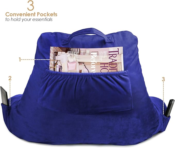 Clara Clark Reading Pillow, Standard Back Pillow for Sitting Up in Bed, Memory Foam Back Support Pillow, Reading Pillows for Sitting in Bed, Royal Blue Sit Up Pillow for Bed, Arm Pillow with Pockets - LeafyLoom