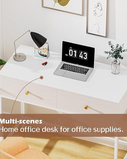 SUPERJARE 35.4" White Desk with 2 Drawers, Modern Makeup Vanity Desk, Small Computer Desk Home Office Desk for Writing Study Bedroom - LeafyLoom