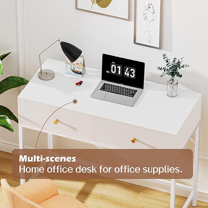 SUPERJARE 35.4" White Desk with 2 Drawers, Modern Makeup Vanity Desk, Small Computer Desk Home Office Desk for Writing Study Bedroom - LeafyLoom