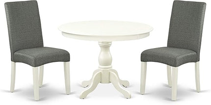 East West Furniture Hartland 3 Piece Set Contains a Round Dining Room Table with Pedestal and 2 Gray Linen Fabric Upholstered Parson Chairs, 42x42 Inch, HBDR3-LWH-07 - LeafyLoom