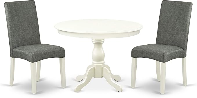 East West Furniture Hartland 3 Piece Set Contains a Round Dining Room Table with Pedestal and 2 Gray Linen Fabric Upholstered Parson Chairs, 42x42 Inch, HBDR3-LWH-07 - LeafyLoom