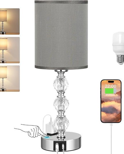 Grey Touch Bedside Lamps for Bedrooms - Crystal Table Lamp with USB C+A Charging Port and AC Outlet Nightstand, 3 Way Dimmable Silver Small End Side Table Lamp for Living/Guest/Dinning Room/Kitchen - LeafyLoom