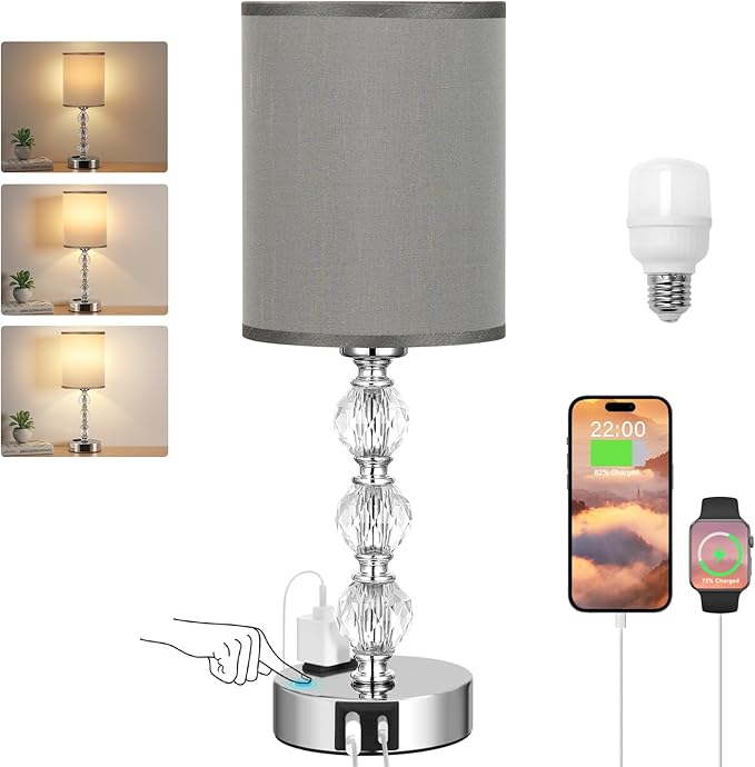 Grey Touch Bedside Lamps for Bedrooms - Crystal Table Lamp with USB C+A Charging Port and AC Outlet Nightstand, 3 Way Dimmable Silver Small End Side Table Lamp for Living/Guest/Dinning Room/Kitchen - LeafyLoom