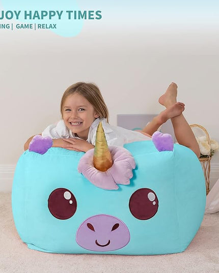 Aubliss Unicorn Stuffed Animal Storage Bean Bag Chair for Kids, Velvet Extra Soft Beanbag Chairs Cover, X-Large Stuffable Zipper Bean Bag for Organizing Plush Toys Girls Bedroom Decor, Cyan - LeafyLoom