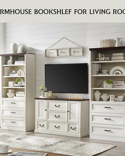 72" Tall Bookshlef with 3 Drawers, Farmhouse 4-Tier Bookcase with Adjustable Shlef, Wooden Storage Cabinet for Living Room, Kitchen, Home Office, Dining Room, White - LeafyLoom