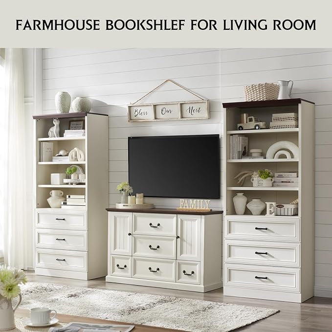 72" Tall Bookshlef with 3 Drawers, Farmhouse 4-Tier Bookcase with Adjustable Shlef, Wooden Storage Cabinet for Living Room, Kitchen, Home Office, Dining Room, White - LeafyLoom