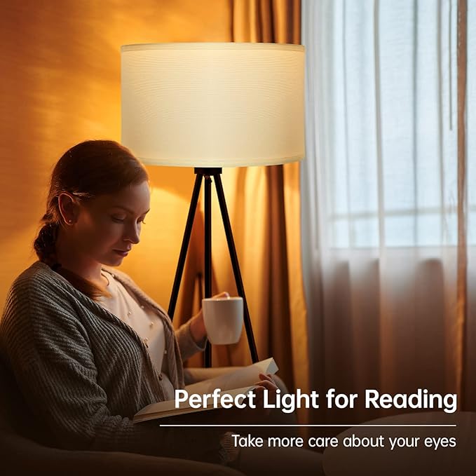 BoostArea Floor Lamp for Living Room, Tripod Floor Lamp, 15W LED Bulb, 3 Levels Dimmable Brightness, White Linen Lamp Shade, Mid Century Standing Lamp for Living Room, Bedroom, Study Room and Office - LeafyLoom