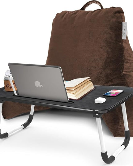 Clara Clark Reading Pillow with Portable Lap Desk for laptop Set, Back Pillow for Sitting Up in Bed Memory Foam Back Support Pillow Bed Rest Pillow with Foldable Laptop Desk, Standard, Chocolate Brown - LeafyLoom