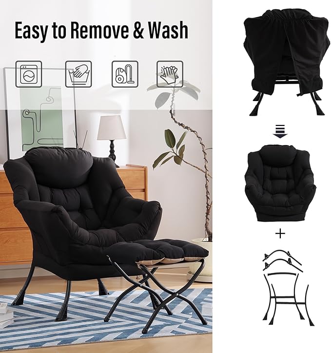 Lazy Chair with Ottoman, Modern Chair with Folding Footrest, Lounge Accent Chair, Comfortable Reading Chair (Peach Black) - LeafyLoom