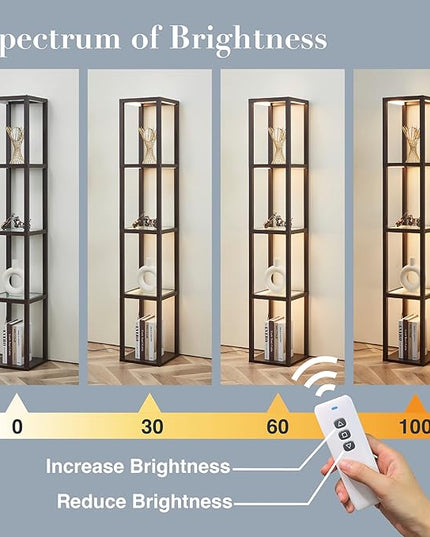 FENLO Fantasy 66" Luxury Glass Display Shelf with Dimmable LED Floor Lamps, Sturdy Glass Shelves for Bedroom, Curio Cabinet with Glass Bookshelf, Floor Lamp with Shelves - Brown - LeafyLoom