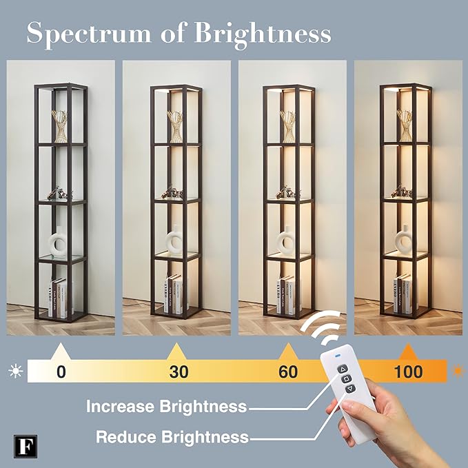 FENLO Fantasy 66" Luxury Glass Display Shelf with Dimmable LED Floor Lamps, Sturdy Glass Shelves for Bedroom, Curio Cabinet with Glass Bookshelf, Floor Lamp with Shelves - Brown - LeafyLoom