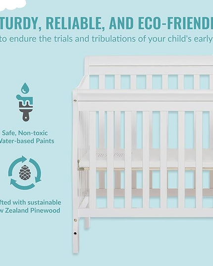 Aden 4-in-1 Convertible Mini Crib In White, Greenguard Gold Certified, Non-Toxic Finish, New Zealand Pinewood, With 3 Mattress Height Settings - LeafyLoom