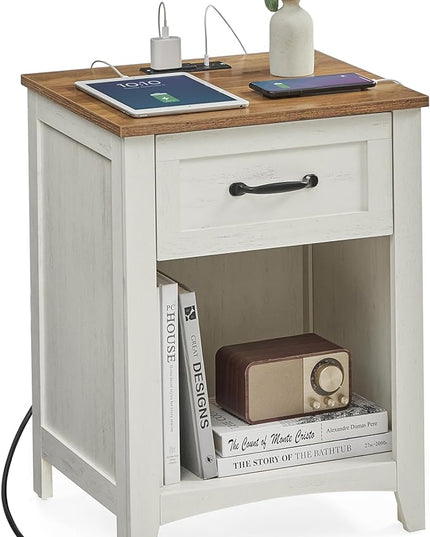VASAGLE Farmhouse Nightstand with Charging Station, Bedside Table with Drawer, Open Compartment, Side Table with Storage, for Bedroom, Rustic White and Honey Brown ULET659K41 - LeafyLoom