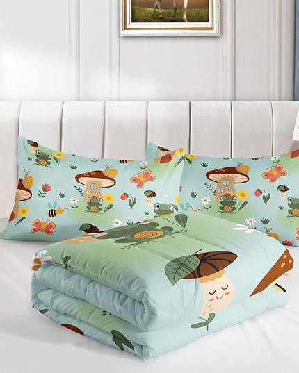 Datura home Cartoon Mushroom House Kids Comforter Bedding Set for Boys Girls, Green Grassland and Cute Frog Bee Print Comforter with 2 Pillowcases(Mushroom House Queen), Mushroom Frog - LeafyLoom