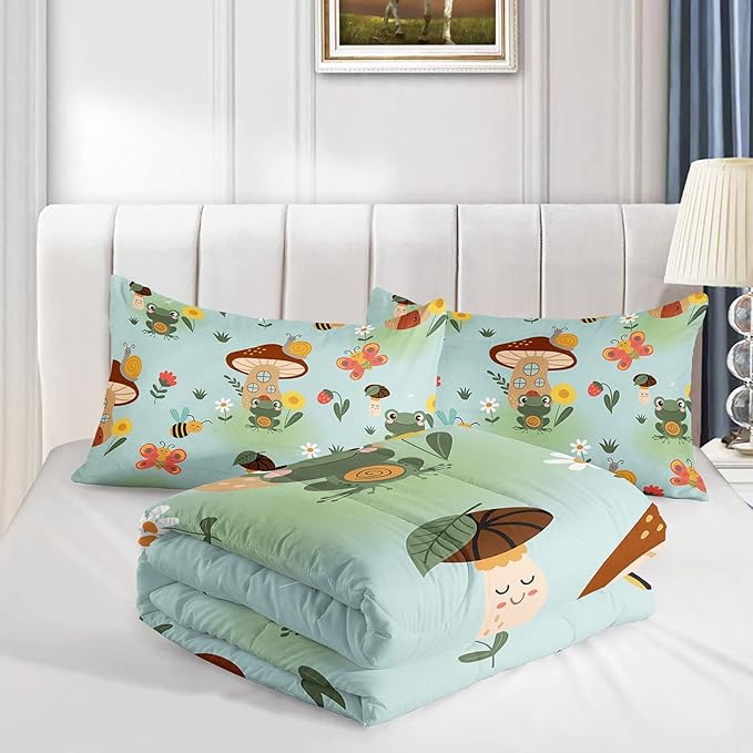 Datura home Cartoon Mushroom House Kids Comforter Bedding Set for Boys Girls, Green Grassland and Cute Frog Bee Print Comforter with 2 Pillowcases(Mushroom House Twin) - LeafyLoom