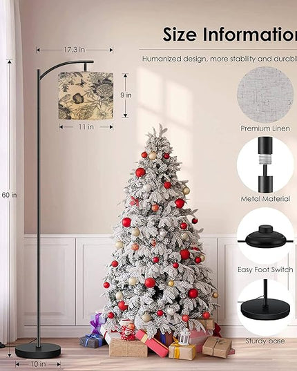 Modern Arc Floor Lamp with Dimmer Mid Century Luxury for creating textiles paper Seamless garden flowers peonies Metal Standing Lamp with Linen Shade Footswitch for Living Room Bedroom Office - LeafyLoom