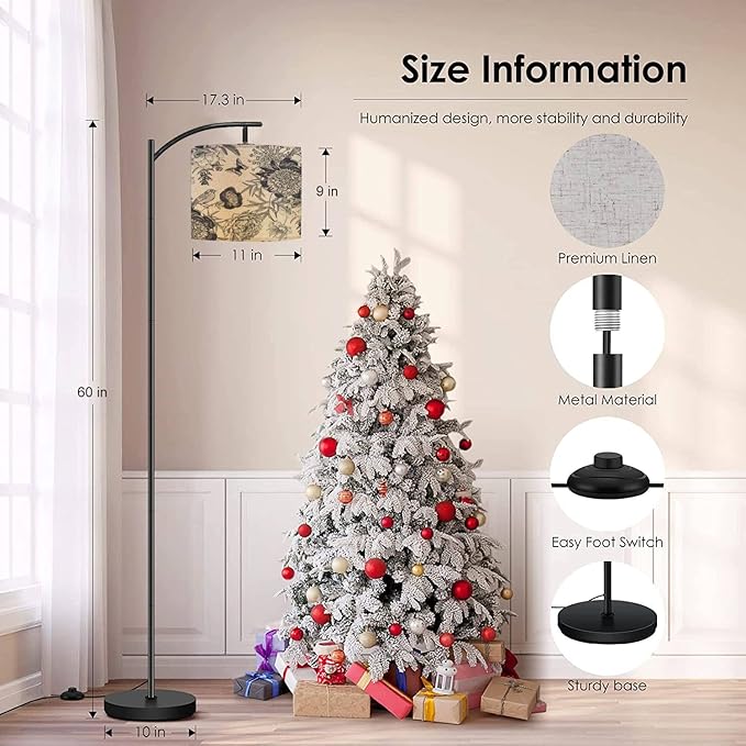 Modern Arc Floor Lamp with Dimmer Mid Century Luxury for creating textiles paper Seamless garden flowers peonies Metal Standing Lamp with Linen Shade Footswitch for Living Room Bedroom Office - LeafyLoom