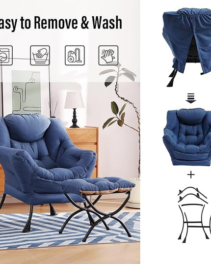Lazy Chair with Ottoman, Modern Chair with Folding Footrest, Lounge Accent Chair, Comfortable Reading Chair (Royal Blue) - LeafyLoom