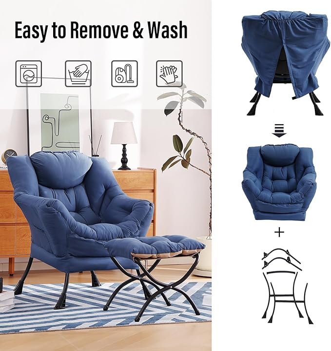 Lazy Chair with Ottoman, Modern Chair with Folding Footrest, Lounge Accent Chair, Comfortable Reading Chair (Royal Blue) - LeafyLoom