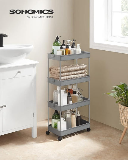 SONGMICS Slim Storage Cart, 4-Tier Rolling Cart, Narrow Utility Cart on Wheels, 6 Hooks, 360° Swivel Wheels, Lockable, Steel Frame, Bathroom, Kitchen, Office, Dove Gray UKSC010G01 - LeafyLoom