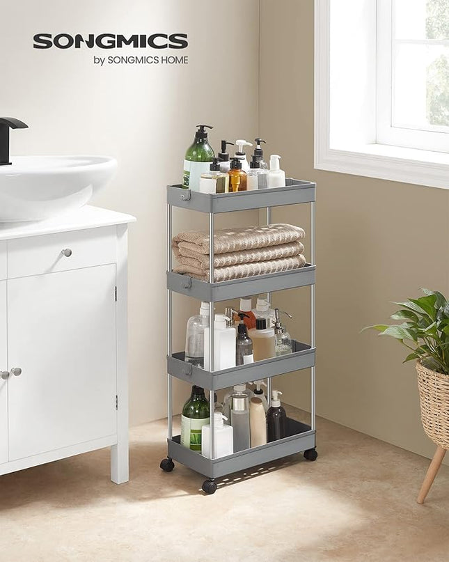SONGMICS Slim Storage Cart, 4-Tier Rolling Cart, Narrow Utility Cart on Wheels, 6 Hooks, 360° Swivel Wheels, Lockable, Steel Frame, Bathroom, Kitchen, Office, Dove Gray UKSC010G01 - LeafyLoom