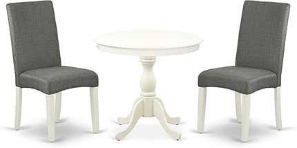 East West Furniture Antique 3 Piece Dining Set for Small Spaces Contains a Round Kitchen Table with Pedestal and 2 Gray Fabric Upholstered Chairs, 36x36 Inch, Linen White - LeafyLoom