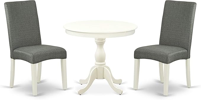 East West Furniture Antique 3 Piece Dining Set for Small Spaces Contains a Round Kitchen Table with Pedestal and 2 Gray Fabric Upholstered Chairs, 36x36 Inch, Linen White - LeafyLoom