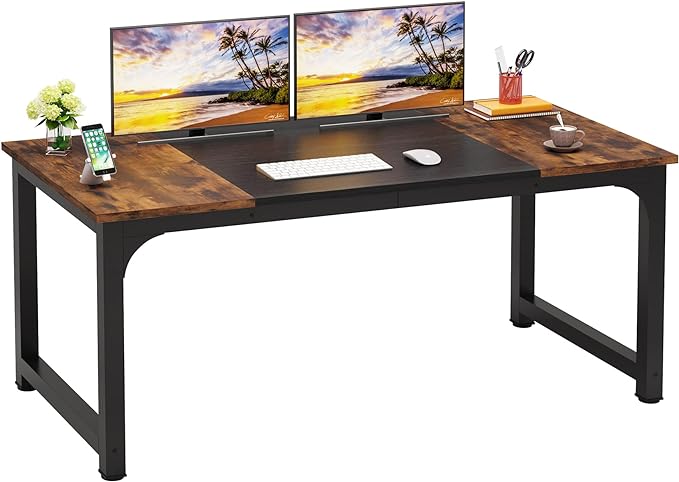 63 Inch Large Executive Computer office desk, Brown+Black - LeafyLoom