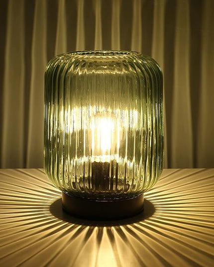 Battery Operated Lamp, Cordless Table Lamps for Home Decor, Battery Powered Nightlight with LED Bulb, Decorative Glass Beside Lamp for Bedroom Living Room-Green - LeafyLoom