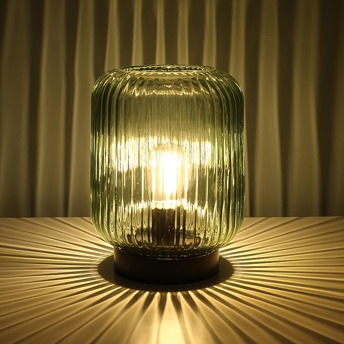 Battery Operated Lamp, Cordless Table Lamps for Home Decor, Battery Powered Nightlight with LED Bulb, Decorative Glass Beside Lamp for Bedroom Living Room-Green - LeafyLoom