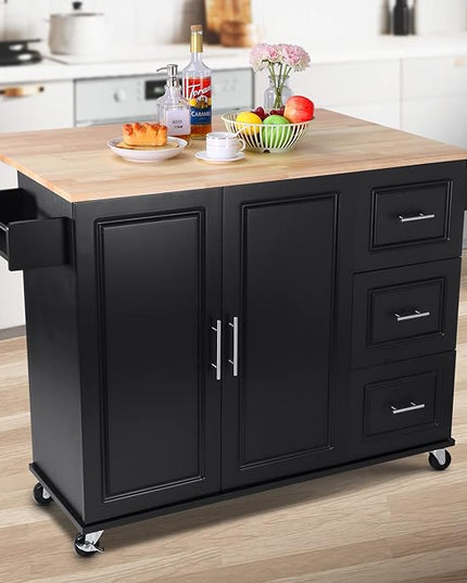 54" Large Kitchen Island Cart with Drop Leaf, Kitchen Island with Storage, Rolling Kitchen Island with Inside Cabinet, 3 Drawers, Spice Rack, Towel Rack and Wood Tabletop(Black) - LeafyLoom