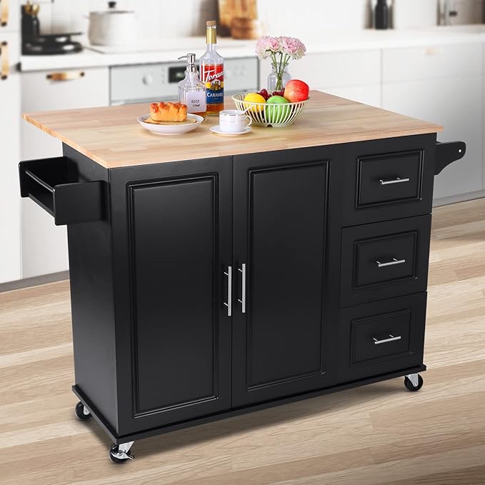 54" Large Kitchen Island Cart with Drop Leaf, Kitchen Island with Storage, Rolling Kitchen Island with Inside Cabinet, 3 Drawers, Spice Rack, Towel Rack and Wood Tabletop(Black) - LeafyLoom