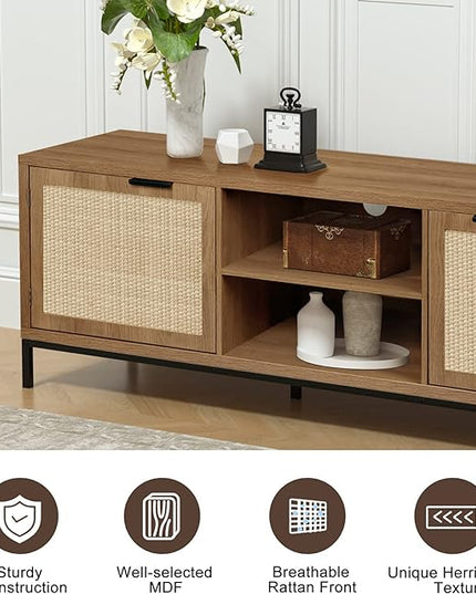 Anmytek Farmhouse Rattan TV Stand for 65 Inch TV Rustic TV Console Table with 2 Rattan Doors Modern Entertainment Center for Living Room Bedroom H0033 - LeafyLoom