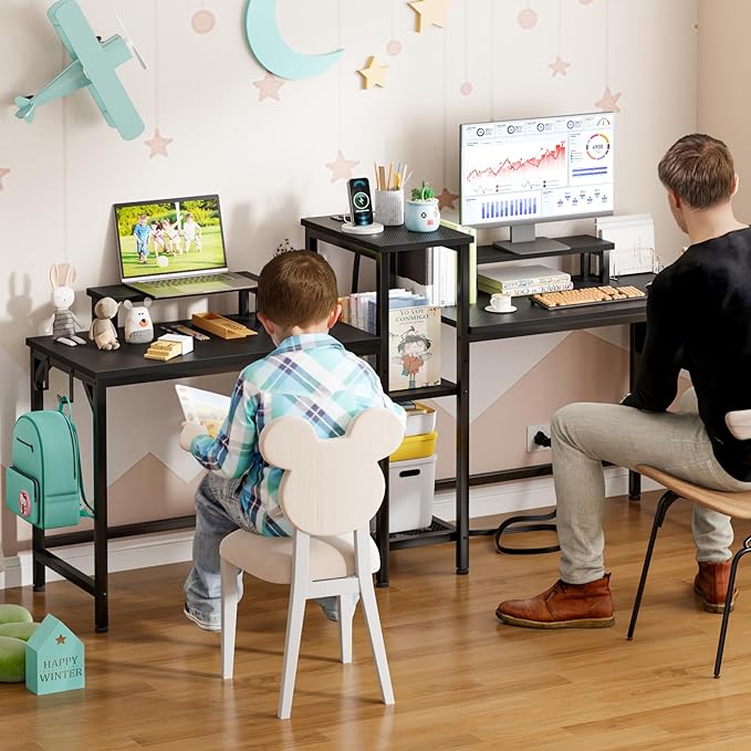 Furologee 71" Gaming Desk with LED Lights, Two Person Computer Desk with Storage Shelves and Monitor Stand, Double Large Office Desk with Cloth Bag and Hooks for Home Office, Black (NO Power Outlets) - LeafyLoom