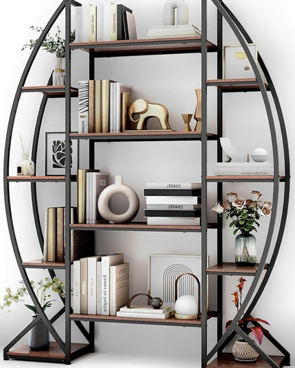 Large Oval Bookshelf, 70“ Tall Open 5 Tier Industrial Bookcases, Modern Etagere Bookcase Furniture, Wall Units for Living Room, Bookshelves Display Shelves for Office - LeafyLoom