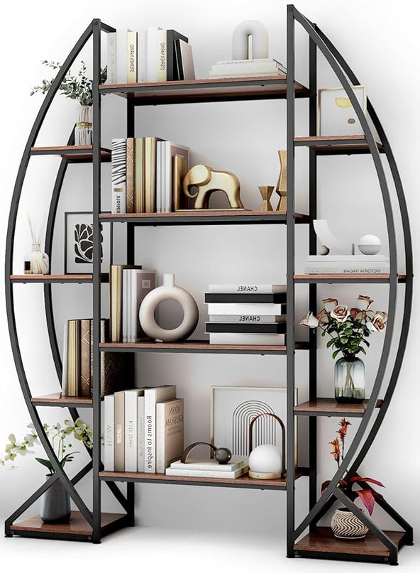 Large Oval Bookshelf, 70“ Tall Open 5 Tier Industrial Bookcases, Modern Etagere Bookcase Furniture, Wall Units for Living Room, Bookshelves Display Shelves for Office - LeafyLoom