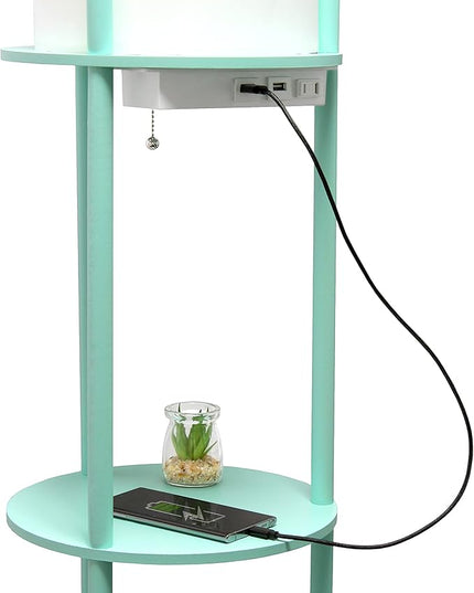 Simple Designs LF2010-AQU 62.5" Round Modern Shelf Etagere Organizer Storage Floor Lamp with 2 USB Charging Ports, 1 Charging Outlet and Linen Shade for Living Room Bedroom, Aqua, 11.5 x 11.5 x 62.5 - LeafyLoom