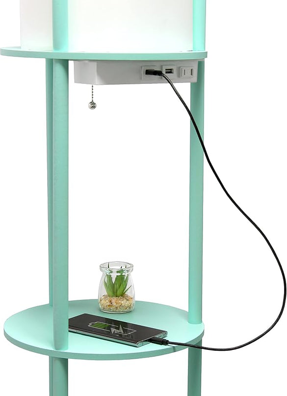 Simple Designs LF2010-AQU 62.5" Round Modern Shelf Etagere Organizer Storage Floor Lamp with 2 USB Charging Ports, 1 Charging Outlet and Linen Shade for Living Room Bedroom, Aqua, 11.5 x 11.5 x 62.5 - LeafyLoom