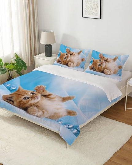 Cat Comforter Set Queen Size for Kids Blue Cat 3Pcs Bedding Set for boys and Girls (1Summer Comforter+ 2 Pillowcases) Lovely Animal Pets Duvet Set - LeafyLoom