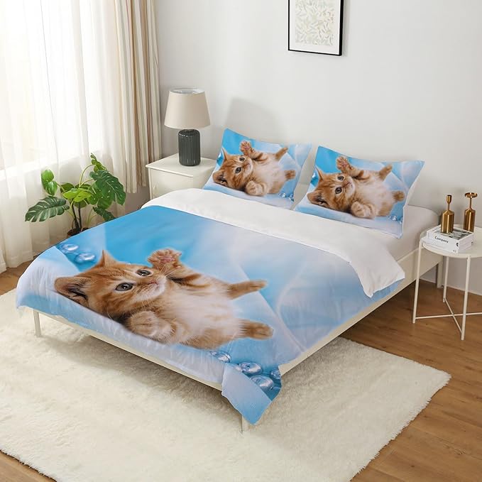 Cat Comforter Set Queen Size for Kids Blue Cat 3Pcs Bedding Set for boys and Girls (1Summer Comforter+ 2 Pillowcases) Lovely Animal Pets Duvet Set - LeafyLoom