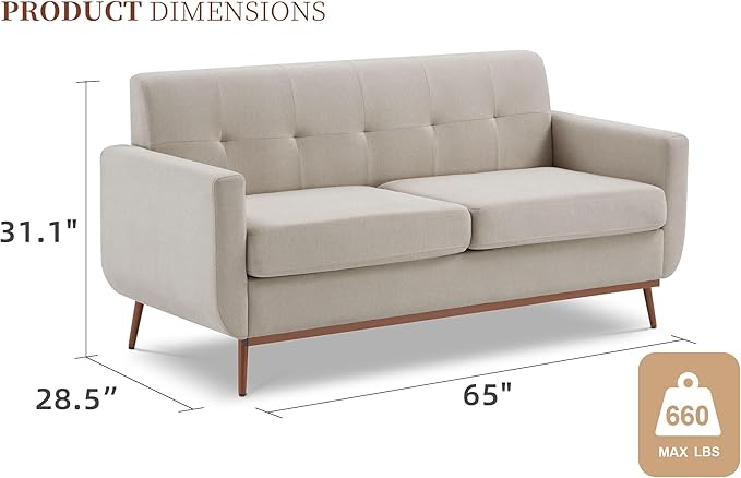 65" Loveseat Sofa, Mid Century Modern Love Seat Couches for Living Room, Comfy Upholstered Sofa Couch for Bedroom(Linen-Light Grey) - LeafyLoom