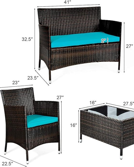Goplus 4-Piece Rattan Patio Set, Outdoor/Indoor Wicker Conversation Set for Pool, Backyard, Lawn, Wicker Chairs and Sofa with Soft Cushion, Rattan Furniture with Tempered Glass Coffee Table - LeafyLoom