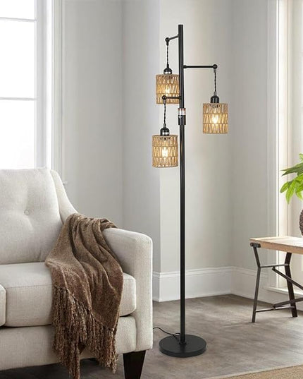 Bohemian Farmhouse Floor Lamp, Black, 65-Inch, Dimmable, 3 E26 UL Sockets, Natural Rattan Shade, Reinforced Metal Base, 24 Months Warranty - LeafyLoom