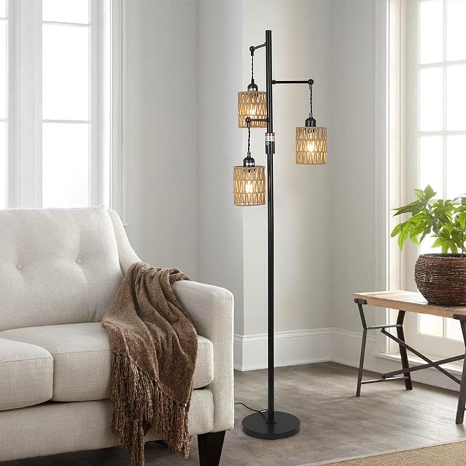 Bohemian Farmhouse Floor Lamp, Black, 65-Inch, Dimmable, 3 E26 UL Sockets, Natural Rattan Shade, Reinforced Metal Base, 24 Months Warranty - LeafyLoom