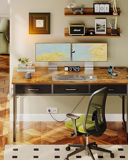 AODK 54 Inch Computer Desk with 3 Fabric Drawers, Office Desk with USB/Type-C Charging Ports & Power Outlets, Vanity Desk with Iron Hook for Bedroom, Study/Writing/Work Table for Bedroom, Vintage - LeafyLoom