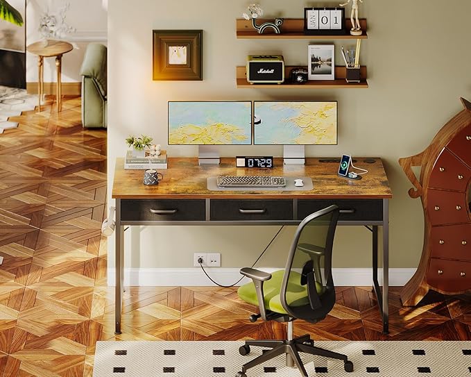 AODK 54 Inch Computer Desk with 3 Fabric Drawers, Office Desk with USB/Type-C Charging Ports & Power Outlets, Vanity Desk with Iron Hook for Bedroom, Study/Writing/Work Table for Bedroom, Vintage - LeafyLoom