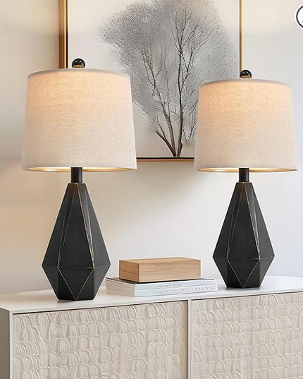 PoKat 20.25'' Table Lamps Set of 2, Bedside Lamp for nightstand, Small Farmhouse Lamps for Bedroom, Black Bedroom Lamps for Living Room, Nursery, Black - LeafyLoom
