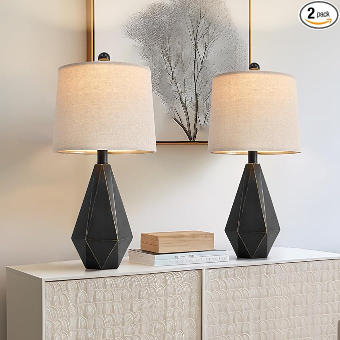 PoKat 20.25'' Table Lamps Set of 2, Bedside Lamp for nightstand, Small Farmhouse Lamps for Bedroom, Black Bedroom Lamps for Living Room, Nursery, Black - LeafyLoom