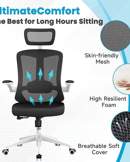 Ergonomic Office Chair - Comfy Desk Chairs with Wheels and Arms, 500LB Heavy Duty Mesh Computer Chairs with Comfortable Head Lumbar Back Support for Office, Study, Bedroom and College Dorm - LeafyLoom