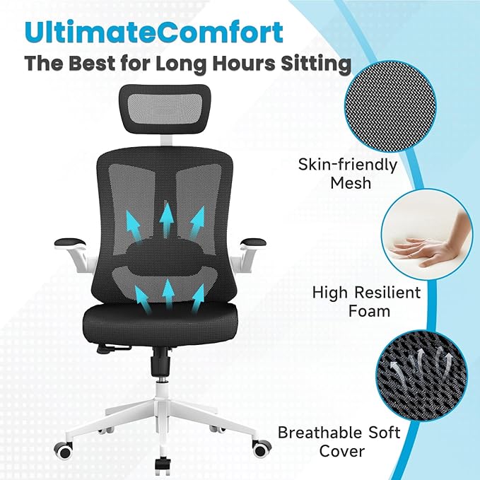 Ergonomic Office Chair - Comfy Desk Chairs with Wheels and Arms, 500LB Heavy Duty Mesh Computer Chairs with Comfortable Head Lumbar Back Support for Office, Study, Bedroom and College Dorm - LeafyLoom